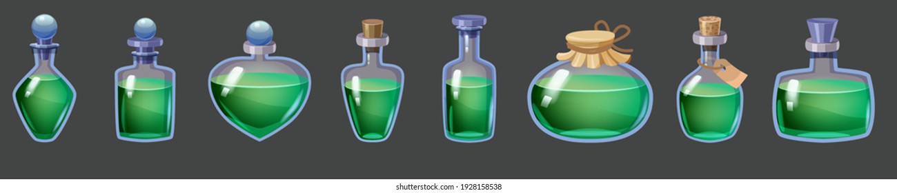 Set of Bottles magic liquid potion fantasy elixir. Game icon GUI for app games user interface. Vector illstration isolated cartoon style on dark background