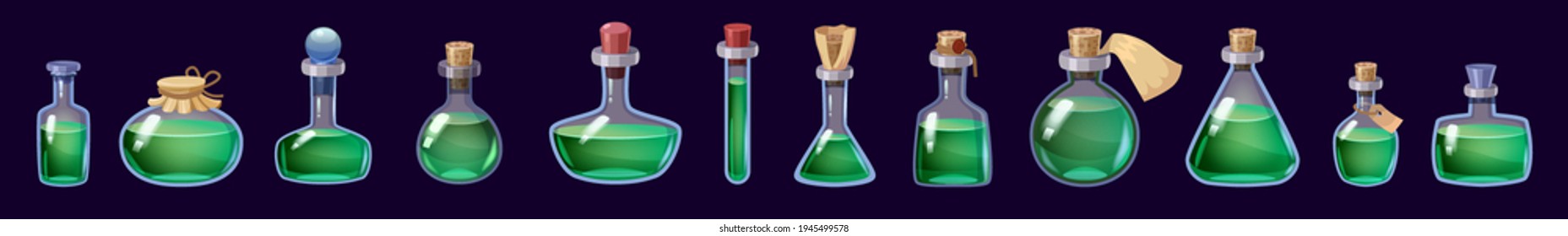 Set of Bottles magic liquid potion fantasy elixir. Game icon GUI for app games user interface. Vector illstration isolated cartoon style on dark background
