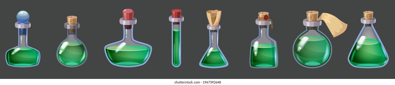 Set of Bottles magic liquid potion fantasy elixir. Game icon GUI for app games user interface. Vector illstration isolated cartoon style on dark background