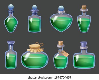 Set of Bottles magic liquid potion fantasy elixir. Game icon GUI for app games user interface. Vector illstration isolated cartoon style on dark background