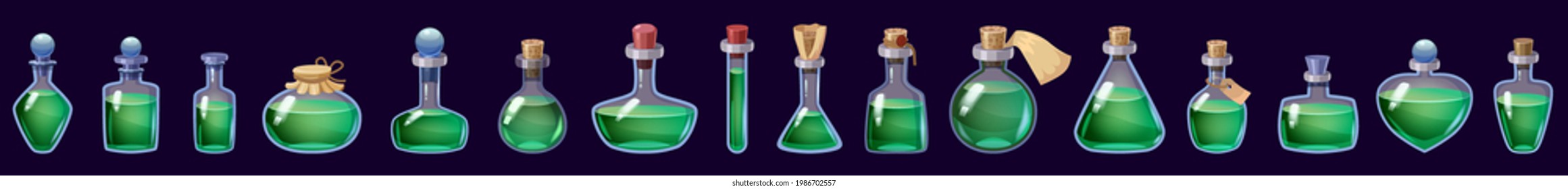 Set of Bottles magic liquid potion fantasy elixir. Game icon GUI for app games user interface. Vector illstration isolated cartoon style on dark background