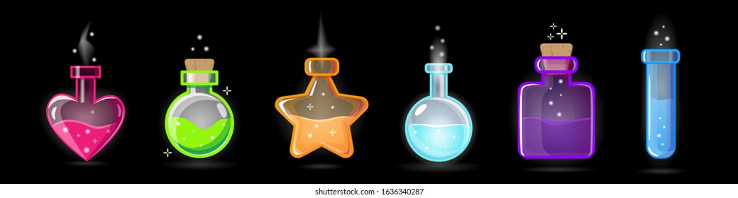 Set of Bottles with Magic Potion. Elements for Game Design, RPG, Icons. Different Shapes and Colors Pots with Magical Elixir of Love or Poison. Vector illustration Isolated on black.