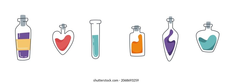 Conjunto de Botellas con Poción Mágica. Poción en un matraz. 
Elementos para el diseño de juegos. Diferentes formas y colores macetas con el Elixir mágico de amor o veneno.Isolación vectorial sobre fondo blanco.