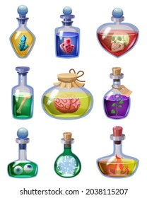 Set of bottles magic potion. Game icons liquid elixir colorful with scull, crystal, bone, blood, frog, flower, mushroom, stone. Vector game asset app UI