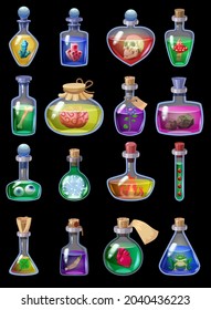 Set of bottles magic potion. Game icons liquid elixir colorful with scull, heart, bone, blood, frog, flower, mushroom, stone. Vector game asset app UI