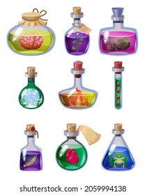Set of bottles magic potion. Game icons liquid elixir colorful with heart, fire, blood, frog, flower. Vector game asset app UI