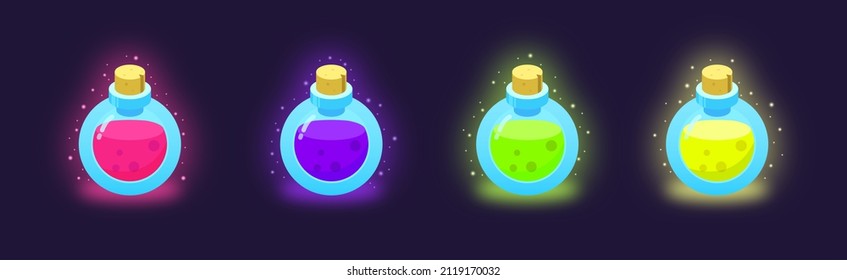 Set of bottles with magic potions. Magic flasks color set in dark background. Vector illustrations.