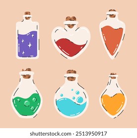 Conjunto de botellas con pociones mágicas. Ilustración vectorial plana.