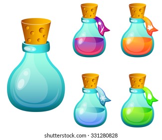 Set bottles with magic spells. Game Design. Vector illustration