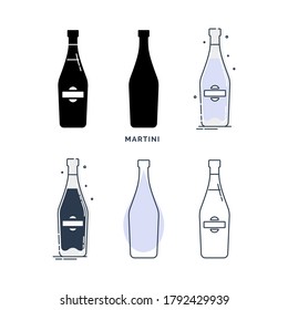 Conjunto de botellas con martini de diferentes estilos. Bebida con alcohol de plantilla para restaurante, bar, pub. Partida de símbolos. Recogida una bebida. Ilustración plana aislada sobre fondo blanco. Vector.