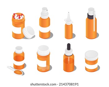 Flaschen mit Medikamenten. Einnahme von Tabletten und Tabletten, Arzneimittel zur Verdauung. Arzneimittel und medizinische Behandlung. Cartoon isometrische Vektorgrafiken einzeln auf weißem Hintergrund