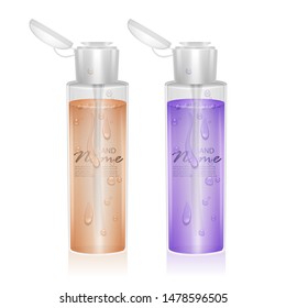 Set of Bottles for micellar water, with fluid of orange and purple colors, can be used like design for catalog or magazine. Cosmetic package. Vector eps 10 format