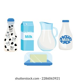 A set of bottles with milk. Drinks are organic and healthy. Butter. Vector stock illustration. isolated. White background.
