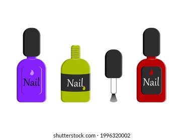 Un conjunto de botellas con esmalte de uñas. Tres diseños diferentes de botellas. Diseño para salones de belleza, salones de belleza. Iconos con jarras de barniz.