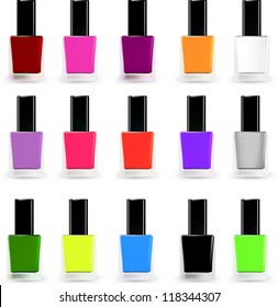 Set bottles of nail polish in various colors. Vector illustration