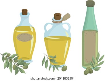 A set with Bottles of olive oil. Vector illustration isolated on a white background.
