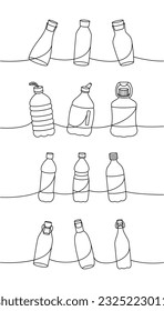 Set of bottles one line continuous drawing. Empty glass and plastic bottles continuous one line illustration. Vector minimalist linear illustration.