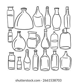 Conjunto de botellas en una línea. dibujo a mano. IA no, Ilustración vectorial.