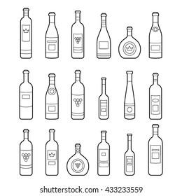 Set of bottles outline. Different kinds of wine. Design elements for banners, markets, alcohol advertising, bars and vineyards. Template for site, menu, infographics