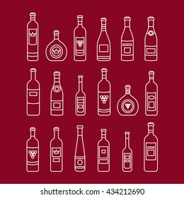Set of bottles outline. Different kinds of wine. Design elements for banners, markets, alcohol advertising, bars and vineyards. Template for site, menu