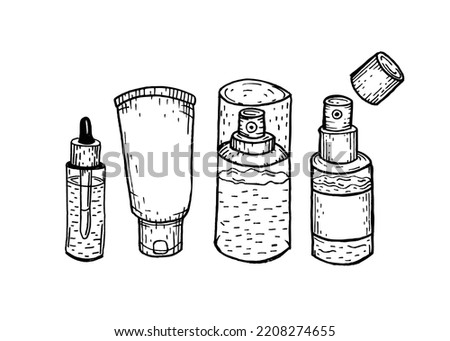 A set of bottles and packages for cosmetics. Serum, cream, lotion, spray, pipette. Apply to the face