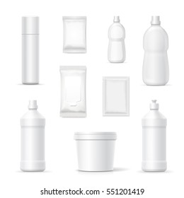 Set Of Bottles And Packages Of Detergents And Cleaning Household Products For Bathroom And Kitchen. Vector Blank Packaging Containers Template