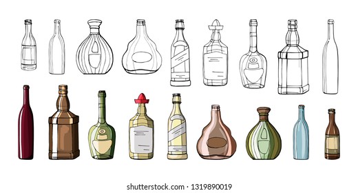 Set of bottles painted by hand in color and outline. wines, champagne, rum, brandy, vodka, beer, brandy, whiskey, tequila. isolated on black background