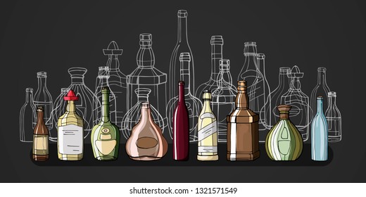 Set of bottles painted by hand in color and outline. wines, champagne, rum, brandy, vodka, beer, brandy, whiskey, tequila. isolated on black background