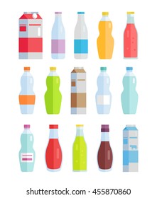 Set of bottles and paper packs with water, sweet drinks, milk, sausages     