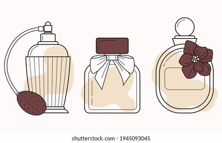 Eine Flasche für Parfüm. Line Art Glasbehälter für aromatische Flüssigkeiten. Sammlung von Toilettenwasser. Kosmetisches kosmetisches Mittel. Duftstoffe mit Pumpen und Diffusoren.