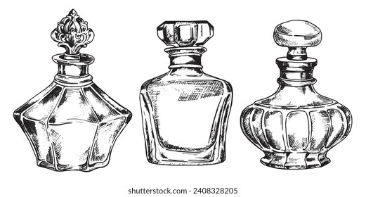 conjunto de botellas con perfume, dibujo vectorial en estilo boceto. frascos vintage