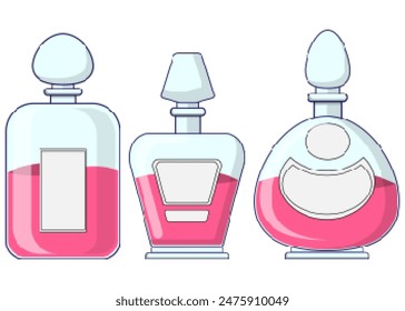 Un juego de botellas para perfumería. Pixel art. Aislado sobre fondo blanco. Ilustración vectorial.