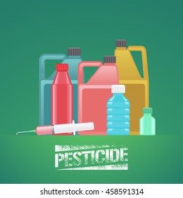 Set of bottles with pesticide, toxic poisoned chemicals for gardening, agriculture, farming vector illustration, design element, poster svg