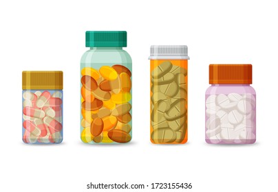 Conjunto de botellas con pastillas aisladas sobre un fondo blanco. Productos médicos realistas empaquetados con comprimidos y cápsulas. Tubos de plástico para medicamentos de farmacia. Ilustración vectorial.