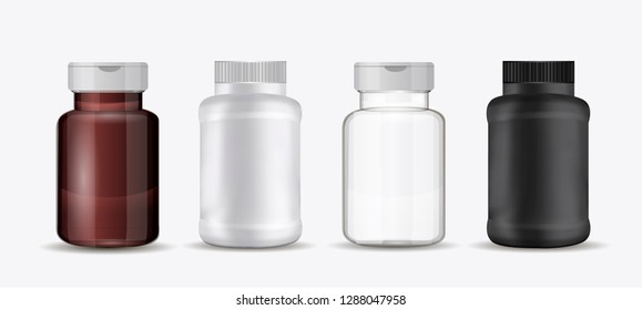 Conjunto de botellas para pastillas. Vidrio médico o recipientes de plástico para medicamentos, dieta, suplementos nutricionales. Ilustración vectorial.