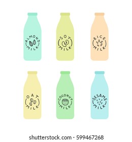 Set of bottles with plant based milk. Almond, soy, rice, coconut, sesame, oat milk. Vector hand drawn illustration