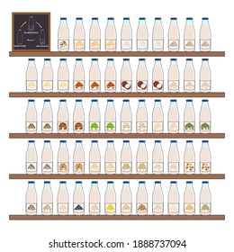 Set of bottles with plant-based milk on shelves. Vegan milk in glass bottles. Almond, soy, rice, coconut, cashew, oat, flax, walnut milk. Milk alternatives. Hand drawn vector illustration.