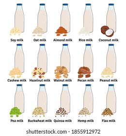 Set of bottles with plant-based milk. Vegan milk in glass bottles. Almond, soy, rice, coconut, cashew, hazelnut, oat, flax, walnut, hemp, pea milk. Milk alternatives. Hand drawn vector illustration.