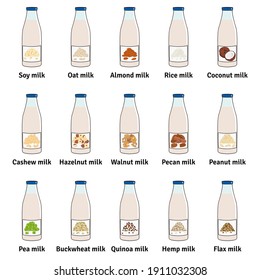 Set of bottles with plant-based milk. Vegan milk in glass bottles. Almond, soy, rice, coconut, cashew, hazelnut, oat, flax, walnut, hemp, pea milk. Milk alternatives. Hand drawn vector illustration.