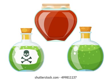 Set bottles with poison.  Vector illustration of a set of ancient glass vessels with poison.