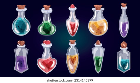 Conjunto de botellas con poción al estilo de dibujos animados. aislado. Ilustración de material vectorial. Elementos para juegos. Fondo blanco. Cuentos de hadas. Halloween y festividades. belleza y moda