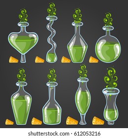 Set bottles of potion with magic smoke