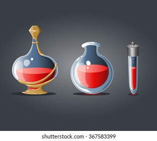 Set bottles of potion. Magical bottles. Cartoon bottles. Vector illustration
