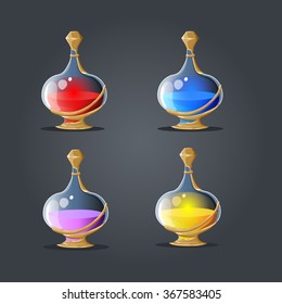 Set bottles of potion. Magical bottles. Cartoon bottles. Vector illustration