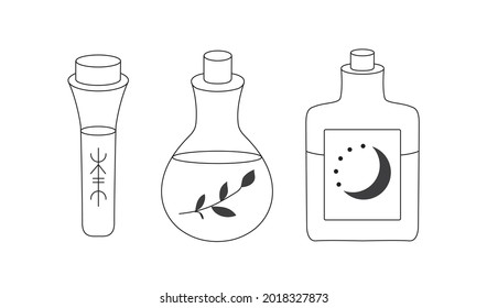 Set of Bottles with a Potion or Poison. Glass flasks on a white isolated background in line art style. Vials with magic signs. Vector illustration for icons and any design