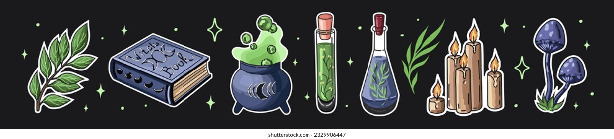 Set of bottles with potion and poison, Witch book, candles, mushrooms, and cauldron. Witchcraft and Magic Illustrations.