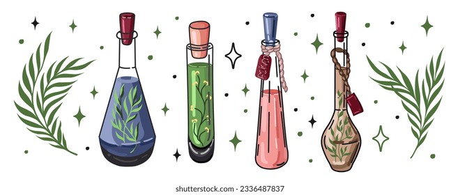 Set of bottles with potion and poison. Witchcraft and Magic Illustrations.