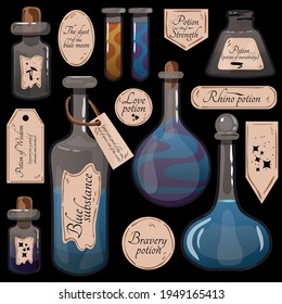 A set of bottles of potion. Vector flasks icons, magic elixir in glass flasks. Witch poison, love potion, Halloween, healing potions, tags for description. Alchemy set.