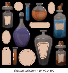  A set of bottles of potion. Vector flasks icons, magic elixir in glass flasks. Witch poison, love potion, Halloween, healing potions, tags for description. Alchemy set.