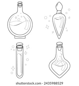 Un conjunto de botellas con opciones en un estilo lineal para colorear páginas. Atributos mágicos en el estilo de dibujos animados en gráficos vectoriales.